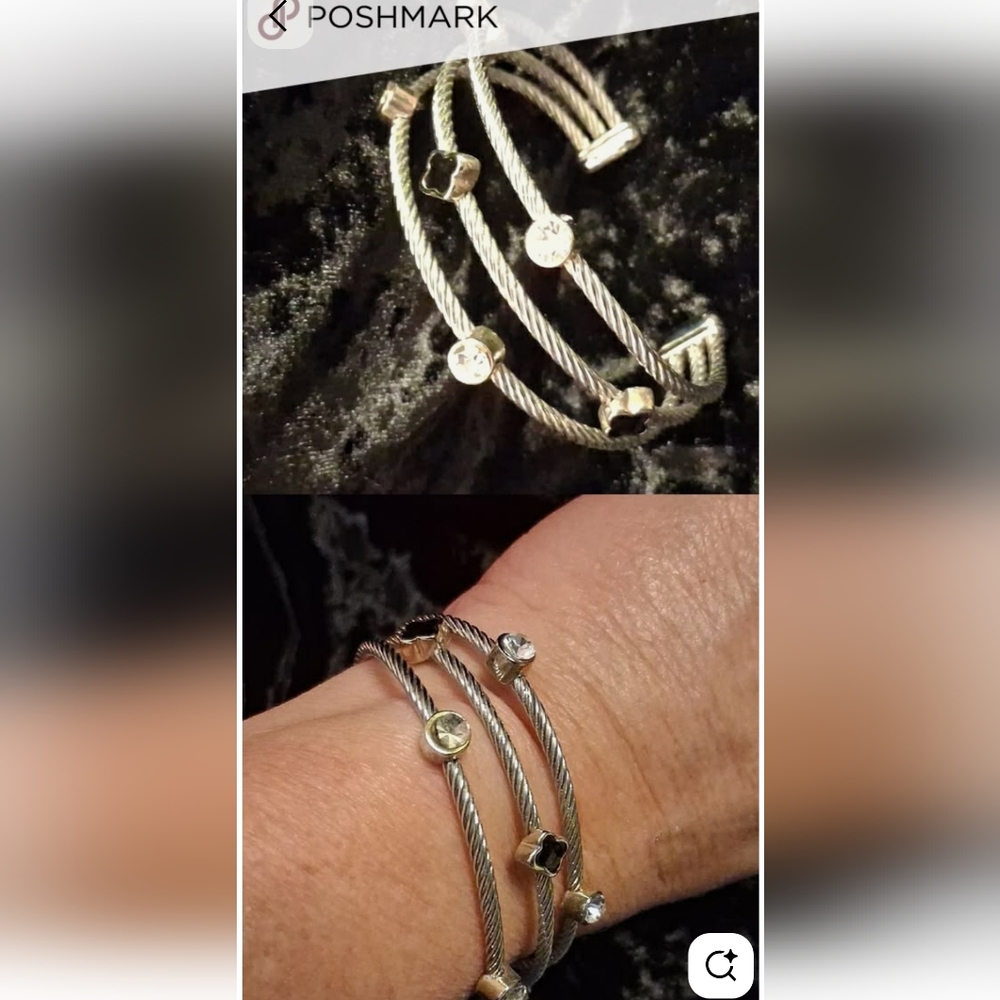 Elegant  Silver Twisted Cable and Black Cuff  Bracelet .